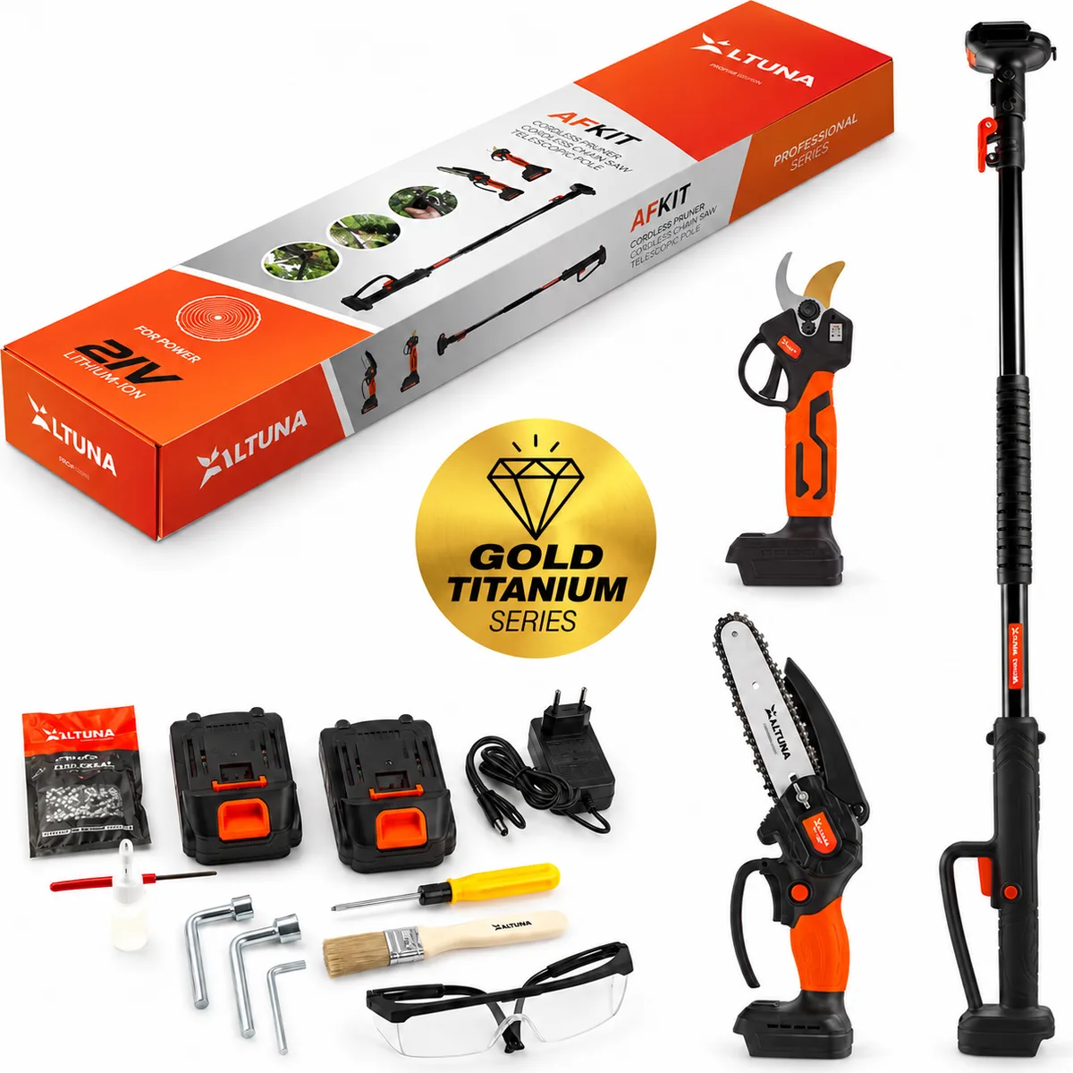 Altuna oferta Kit de Poda a Batería de Titanio - Motosierra a Batería AF150 + Tijeras de Podar Eléctricas AF28+ Pértiga Telescópica — foto principal