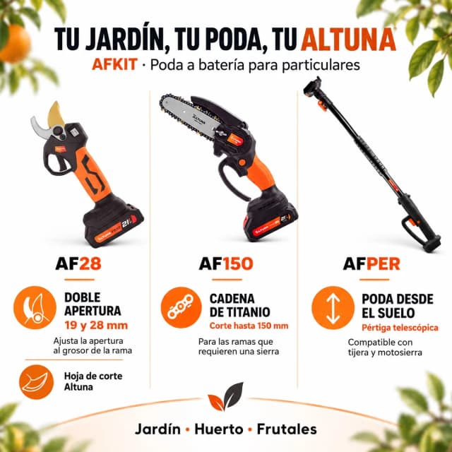Altuna oferta Kit de Poda a Batería de Titanio - Motosierra a Batería AF150 + Tijeras de Podar Eléctricas AF28+ Pértiga Telescópica — foto 2