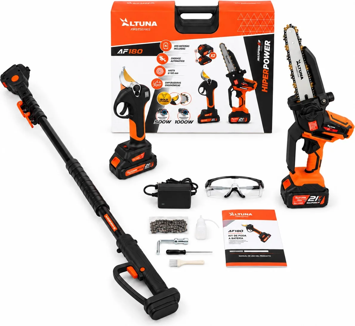 Altuna Kit de Poda a Batería de Titanio - Motosierra a Batería AF180 + Tijeras de Podar Eléctrica AF37 + Pértiga Telescópica AFPER2 — foto principal