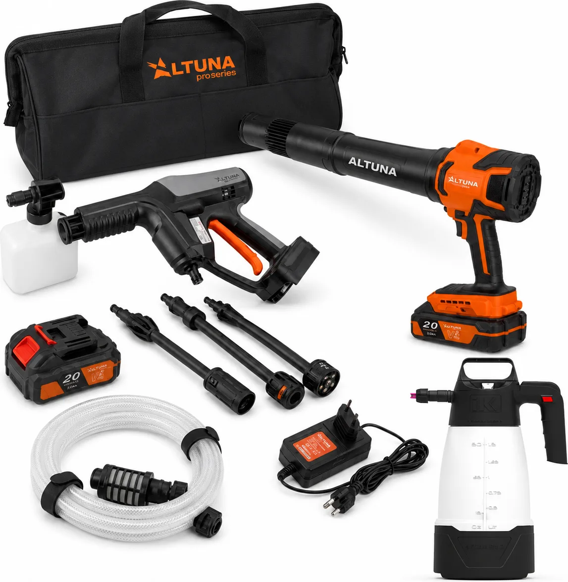 Pack limpieza Altuna AH01 + AS01 + IK e Foam Pro 2 · 2 baterías 4 Ah y 2 cargadores — foto principal