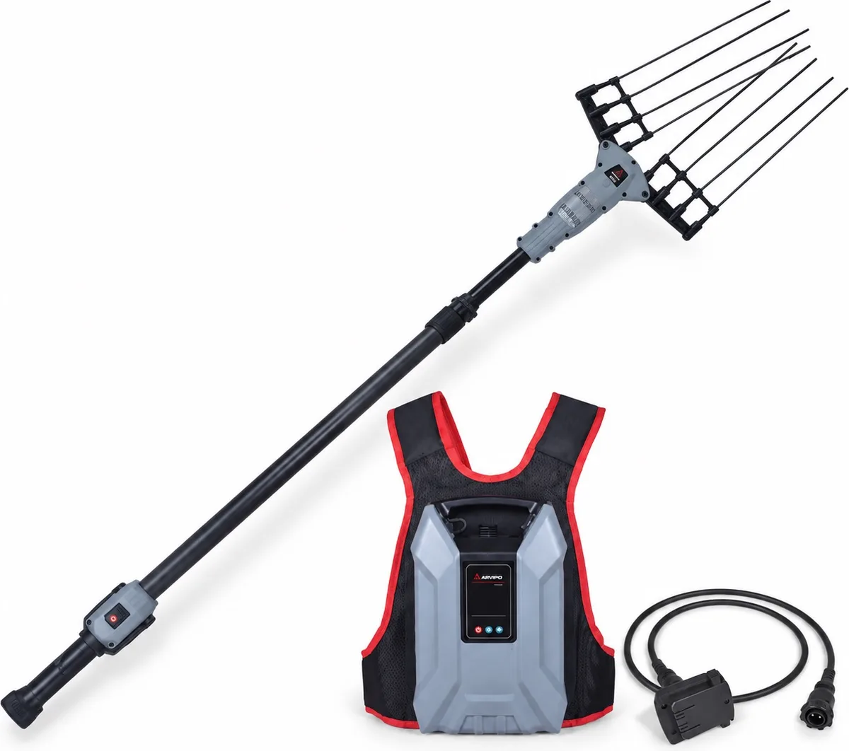 Pack vareador de aceitunas Arvipo OV37-M telescópico 1,85–2,65 m con batería de mochila BP37 30 Ah y cargador — foto principal