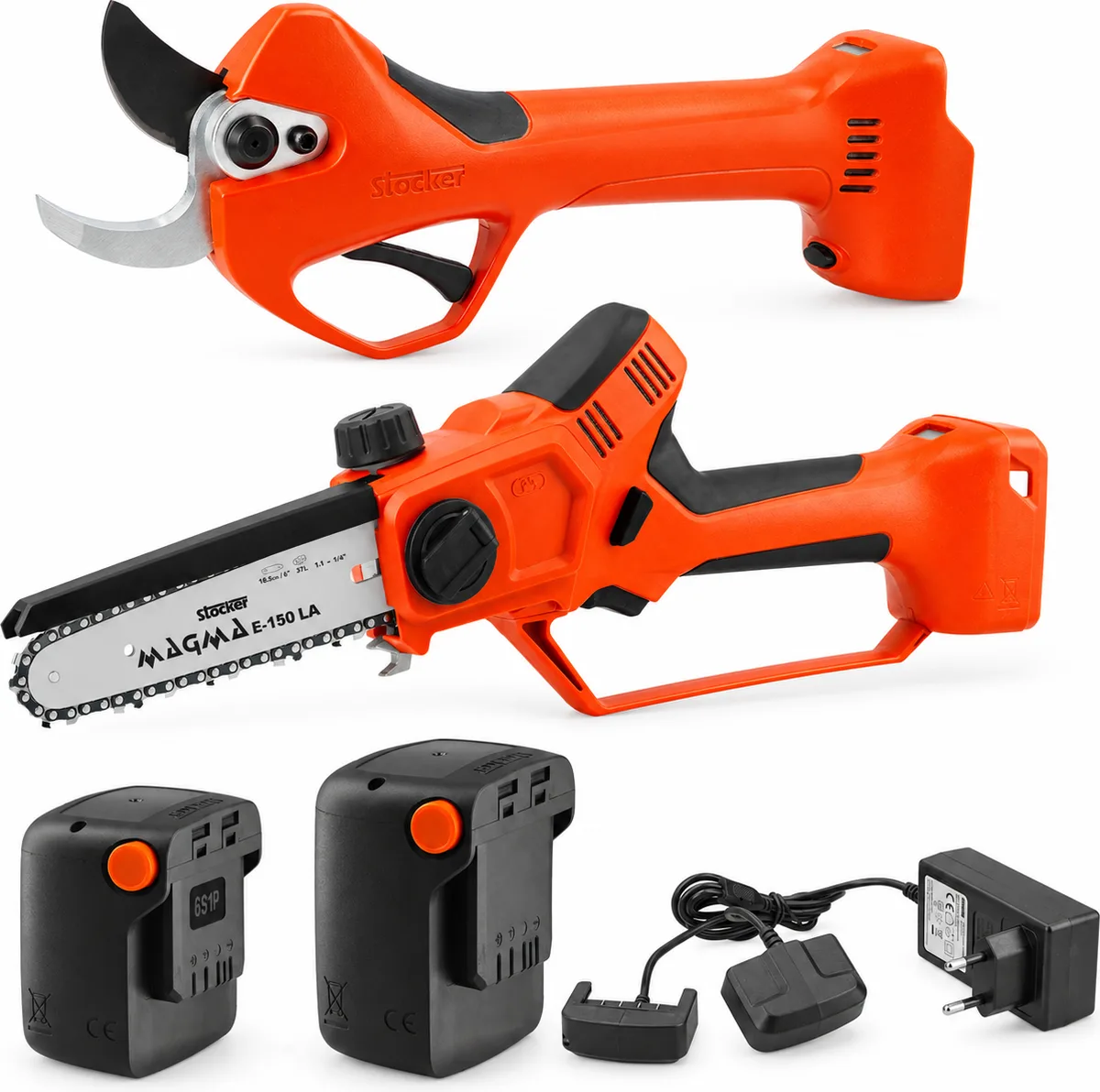 Pack poda Stocker Magma E-40 TP + motosierra E-150 LA + baterías 2,6 y 4 Ah + cargador doble — foto principal