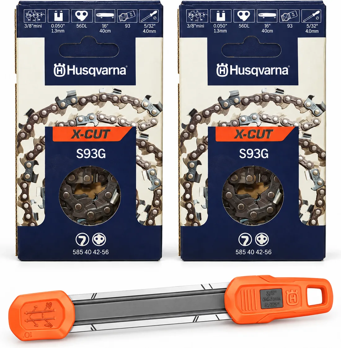 Pack motosierra: 2 cadenas Husqvarna S93G 3/8 bajo perfil 1,3 mm 56 eslabones + afilador 2 en 1 Husqvarna 4,0 mm — foto principal