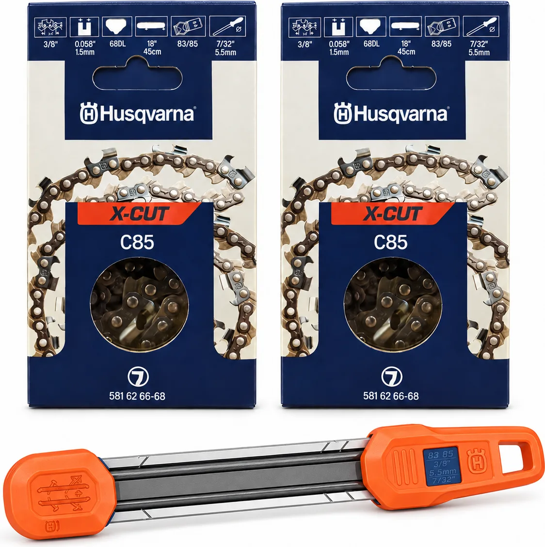 Pack motosierra: 2 cadenas Husqvarna C85 3/8 1,5 mm 68 eslabones + afilador 2 en 1 Husqvarna 5,5 mm — foto principal