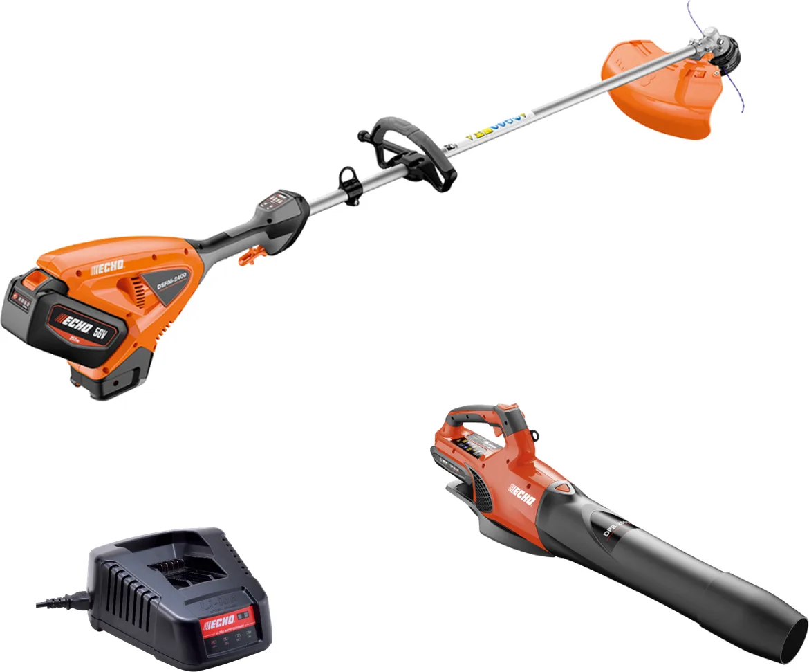 Pack mantenimiento jardín ECHO 56 V: desbrozadora DSRM-2400L + soplador DPB-2500 + 2 baterías 4,5 Ah y cargador ultrarrápido — foto principal