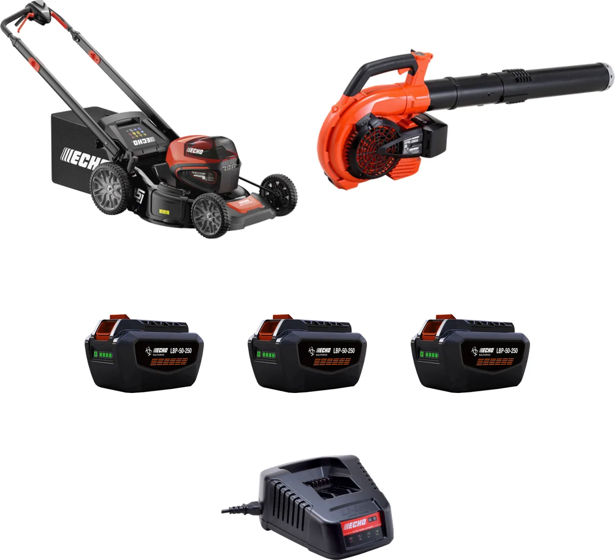 Pack jardín ECHO: cortacésped DLM-5100SP + soplador DPB-2600 PRO + 3 baterías y cargador — foto principal