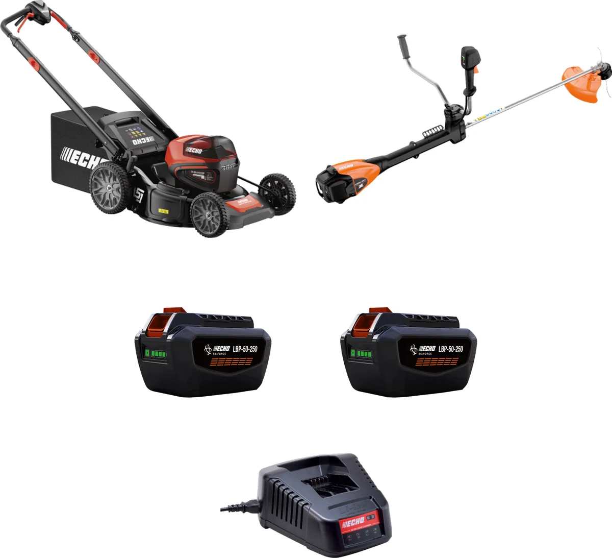 Pack profesional ECHO: cortacésped DLM-5100SP + desbrozadora DSRM-3500U PRO + 2 baterías y cargador — foto principal