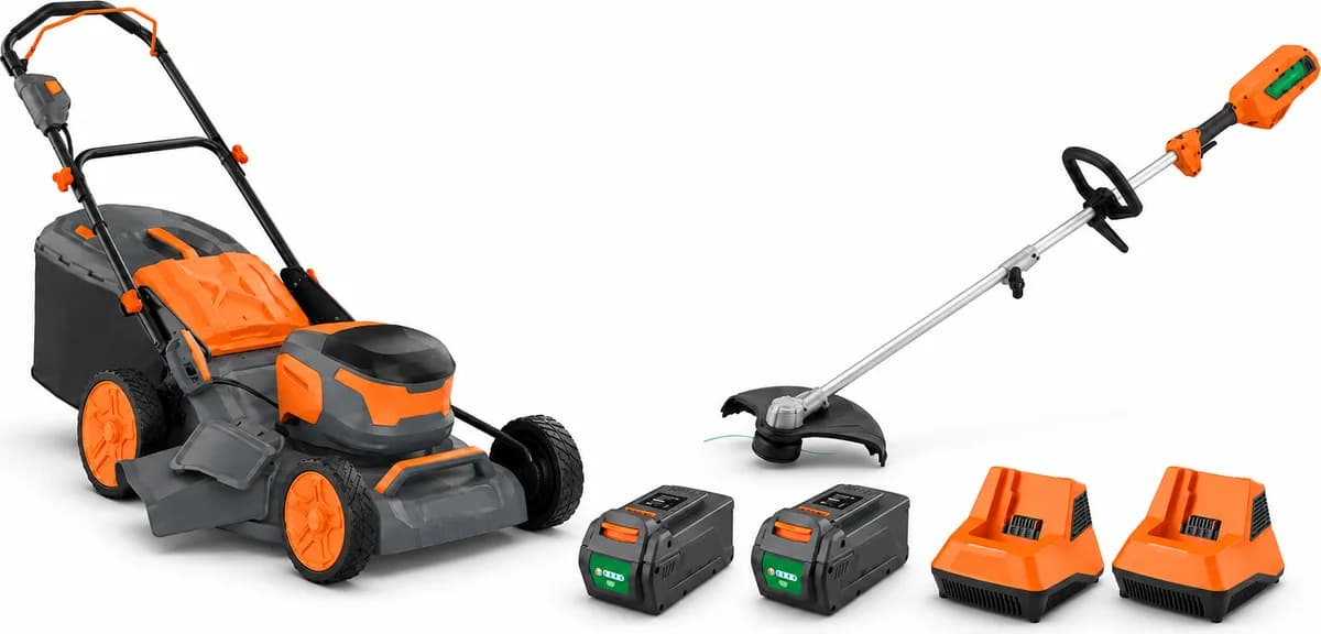 Pack jardín Anova E+ 40 V: cortacésped 46 cm + desbrozadora 500 W, 2 baterías 5 Ah y 2 cargadores — foto principal