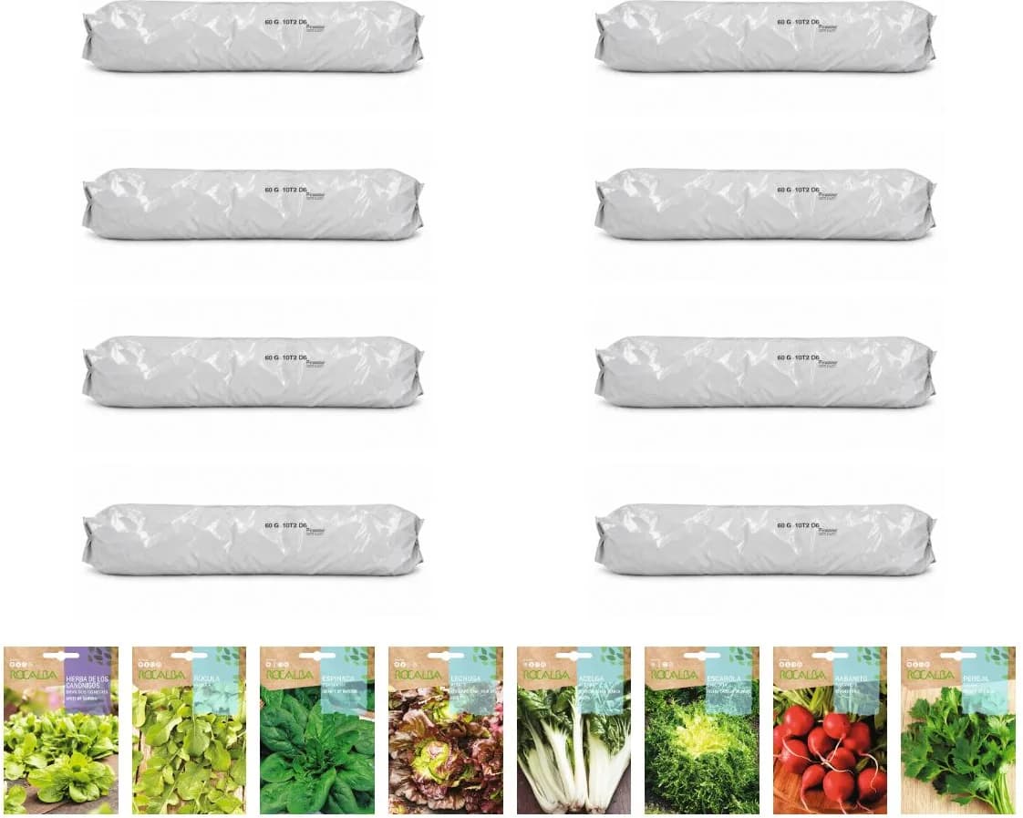 Pack huerto de hojas con canónigos para huerto urbano: 8 sacos + 8 sobres Rocalba — foto principal