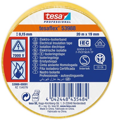 Cinta Aislante Tesa Amarilla 19 mm 20 Metros