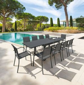 Conjunto Serie Piazza Grafito Mesa extensible 135/270x90xh75cm + 6 Sillas Aluminio/acero