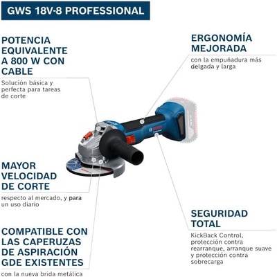 Miniamoladora Radial a Bateria Bosch GWS 18V-8 Cargador y 2 Baterias 5 Ah