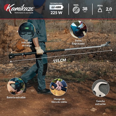 Tijera de Poda con Pertiga Kamikaze KV155: 155cm, Corte �38mm + 2 Bater�as Litio