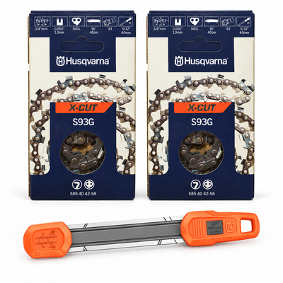 Pack motosierra: 2 cadenas Husqvarna S93G 3/8 bajo perfil 1,3 mm 56 eslabones + afilador 2 en 1 Husqvarna 4,0 mm