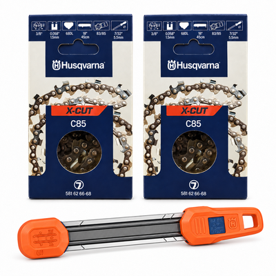 Pack motosierra: 2 cadenas Husqvarna C85 3/8 1,5 mm 68 eslabones + afilador 2 en 1 Husqvarna 5,5 mm