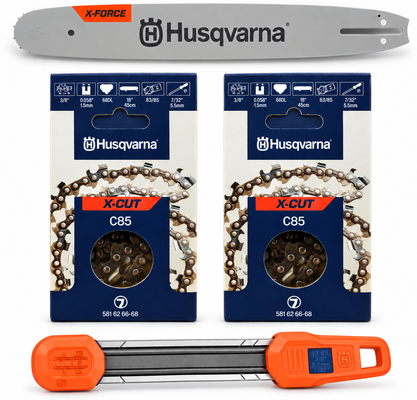 Pack espada motosierra Husqvarna 18 pulgadas + 2 cadenas C85 de 68 eslabones + afilador 2 en 1 - 3/8, 1,5 mm Pack espada motosierra Husqvarna 18 pulgadas + 2 cadenas C85 de 68 eslabones + afilador 2 en 1 - 3/8, 1,5 mm